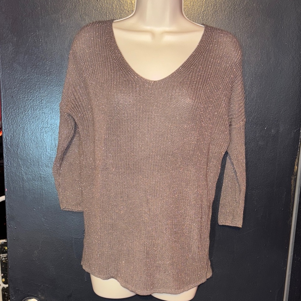 Express taupe V-Neck Sweater, copper metallic threading for sparkle. Sz small.